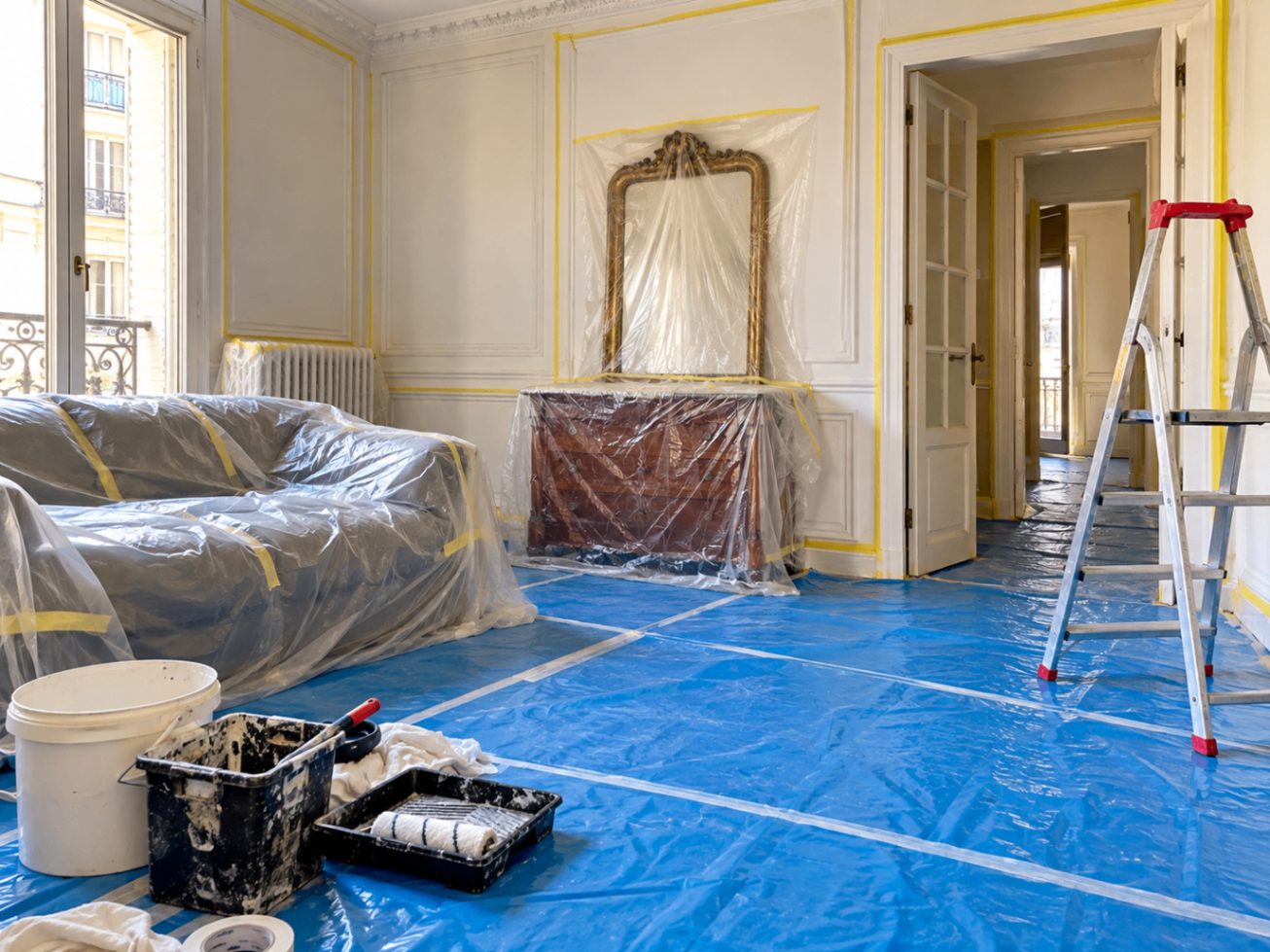 Protection du mobilier et du sol avant travaux de peinture intérieure