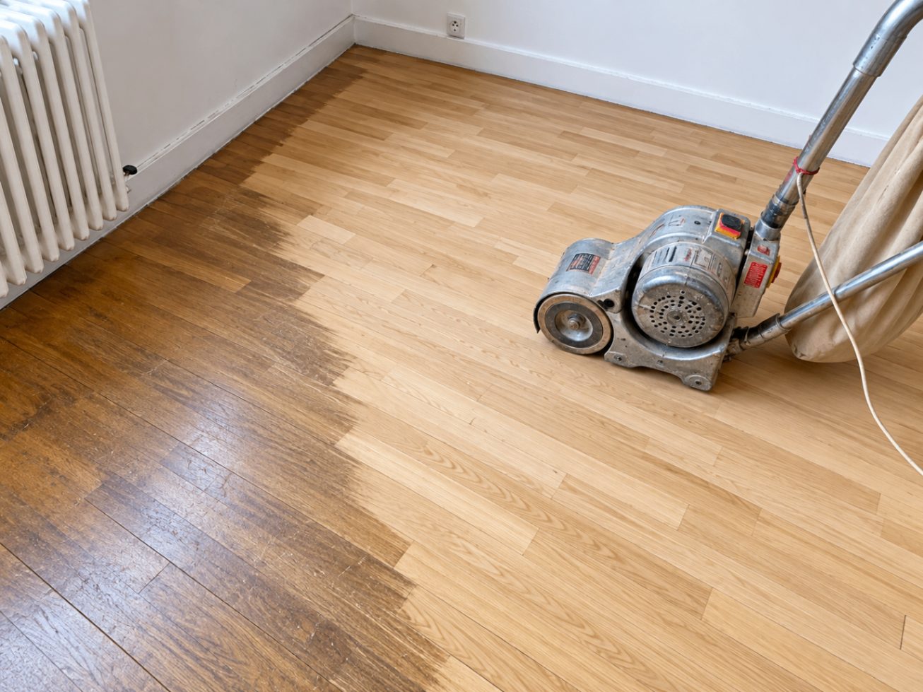 Ponçage d'un parquet avec différence entre ancienne finition et bois remis à nu